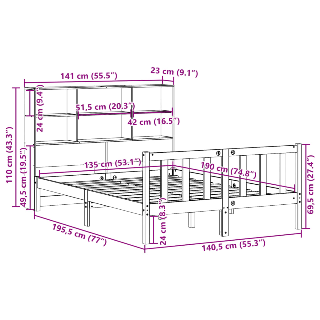 Letto Libreria senza Materasso Bianco 135x190 cm Legno di Pino