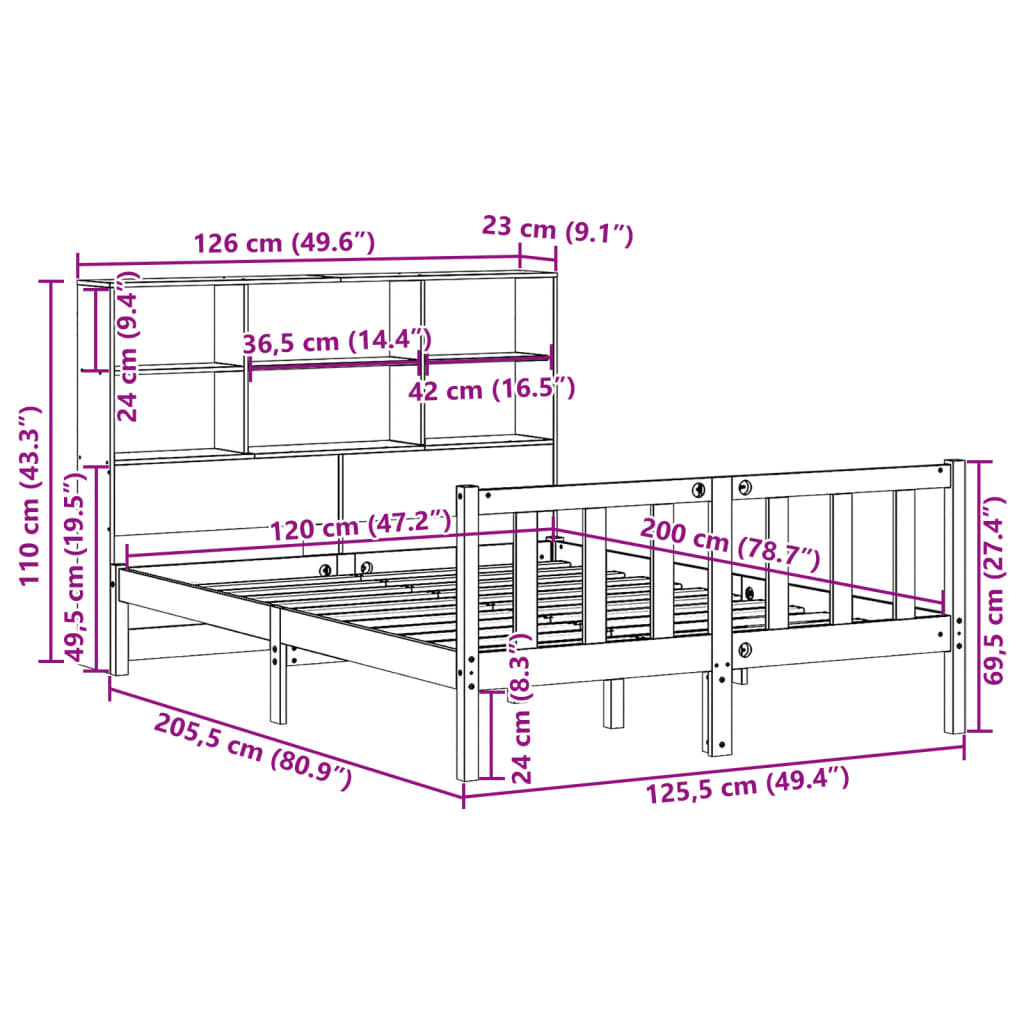 Letto Libreria senza Materasso 120x200cm Legno Massello di Pino