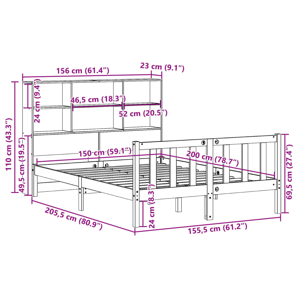 Letto Libreria senza Materasso Bianco 150x200 cm Legno di Pino