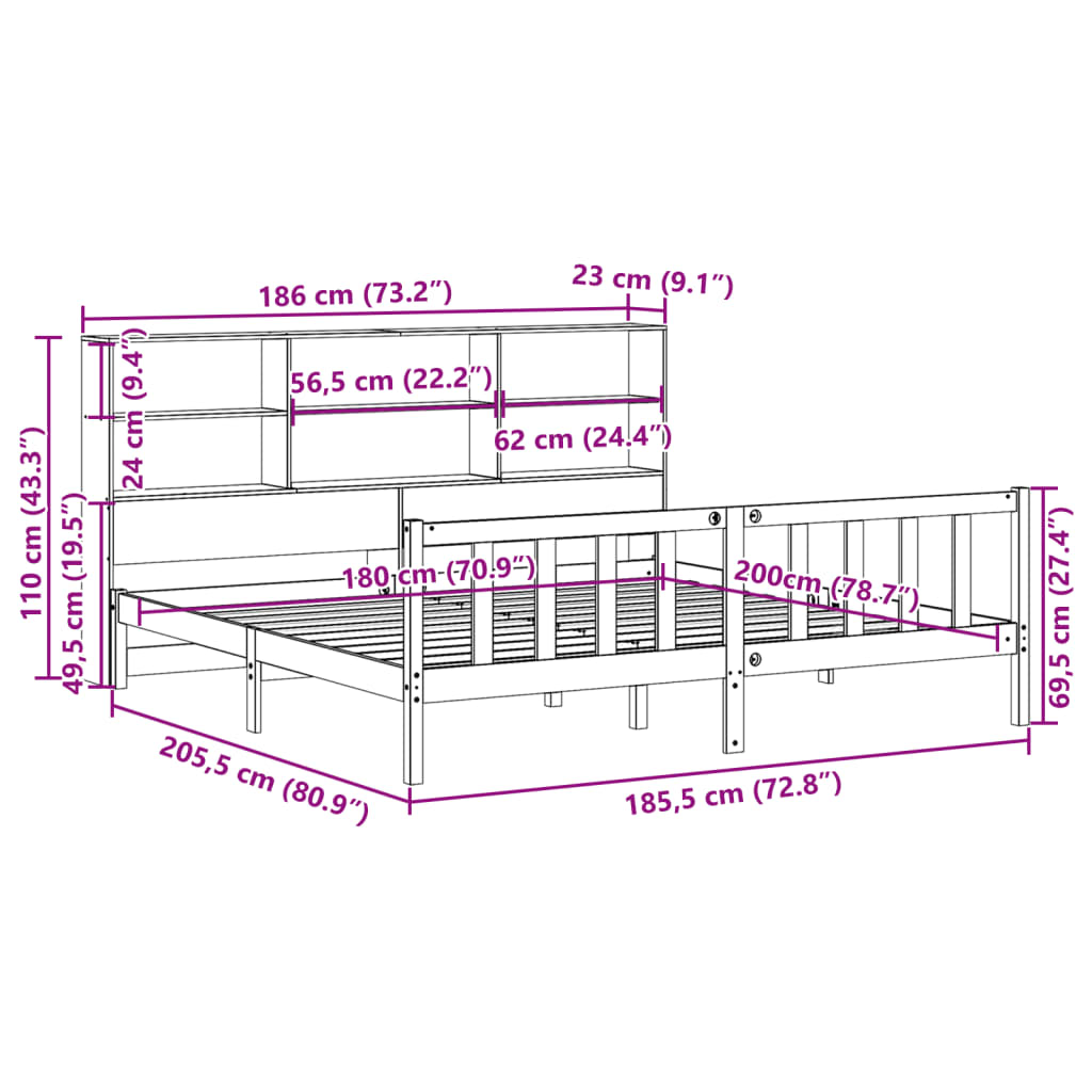 Giroletto con Libreria senza Materasso 180x200 cm in Legno Pino