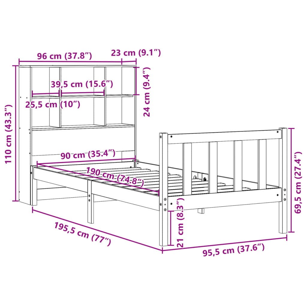 Letto Libreria senza Materasso Marrone Cera 90x190 cm in Pino