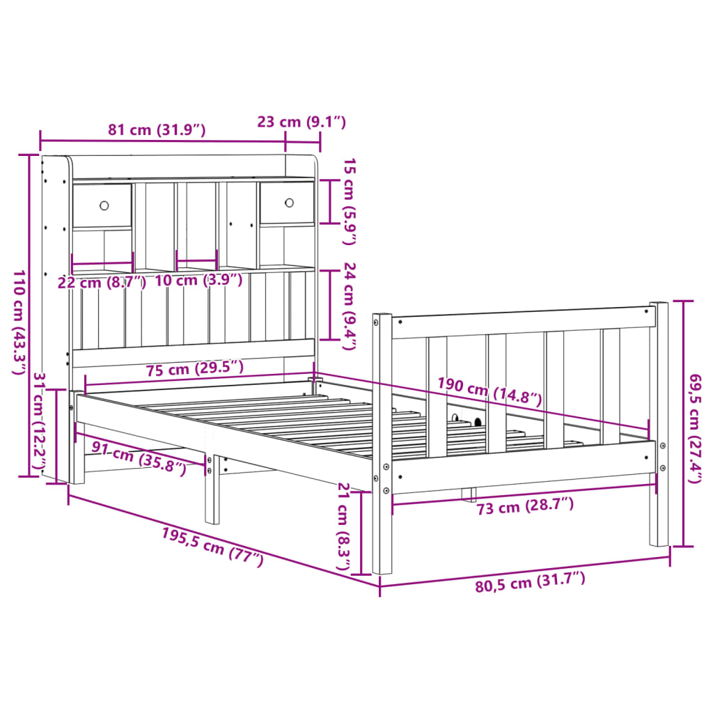 Giroletto con Libreria senza Materasso 75x190 cm in Legno Pino