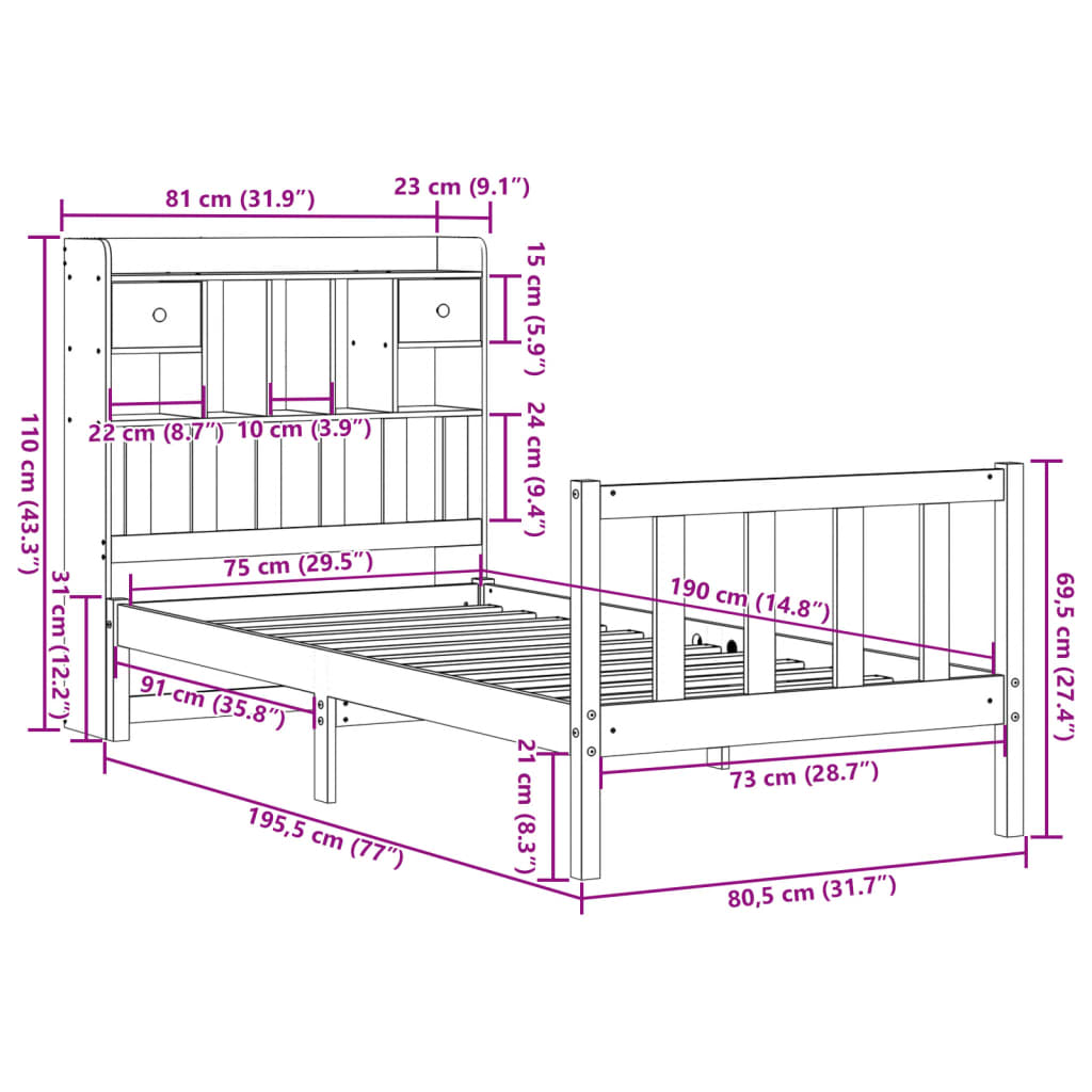 Letto con Libreria senza Materasso 75x190 cm in Legno Pino