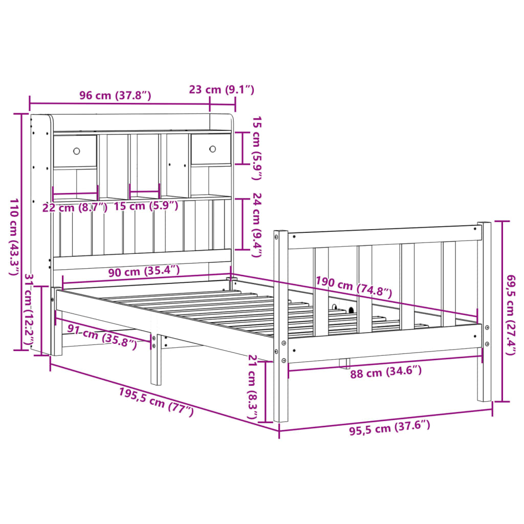 Letto Libreria senza Materasso 90x190 cm Legno Massello Pino