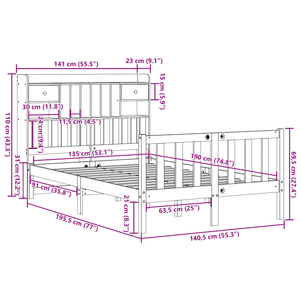 Letto Libreria senza Materasso 135x190 cm in Legno di Pino