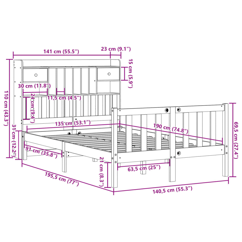 Letto Libreria senza Materasso Bianco 135x190 cm Legno di Pino