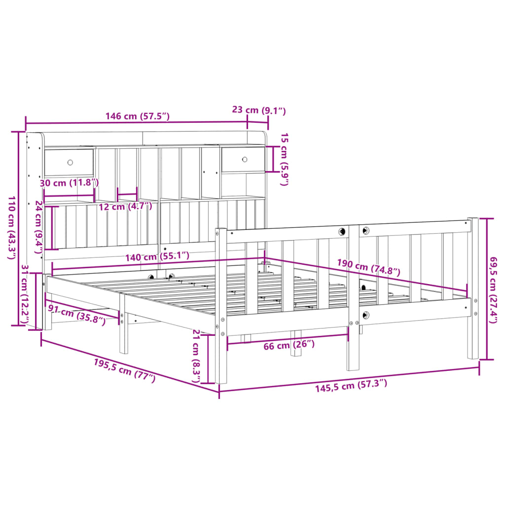 Letto Libreria senza Materasso Bianco 140x190 cm Legno di Pino