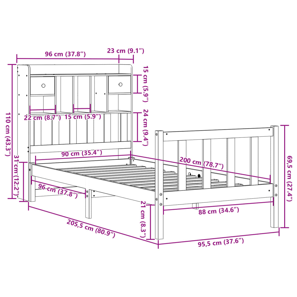 Letto Libreria senza Materasso 90x200 cm Legno Massello Pino