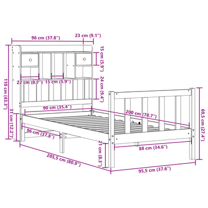 Letto Libreria senza Materasso 90x200 cm Legno Massello Pino