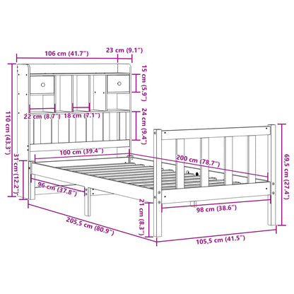 Letto Libreria senza Materasso 100x200 cm in Legno di Pino