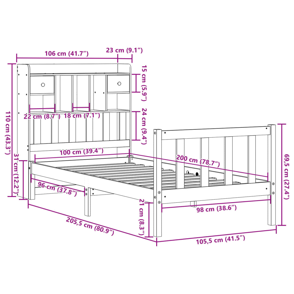 Letto Libreria senza Materasso Bianco 100x200 cm Legno di Pino