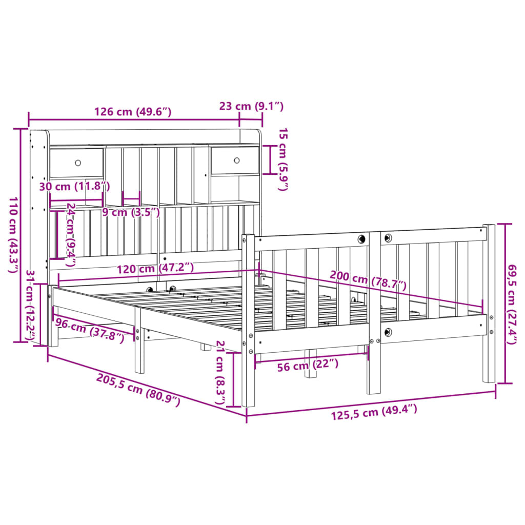 Letto Libreria senza Materasso 120x200cm Legno Massello di Pino