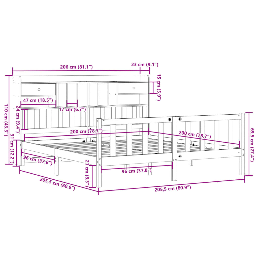 Letto Libreria senza Materasso Bianco 200x200 cm Legno di Pino