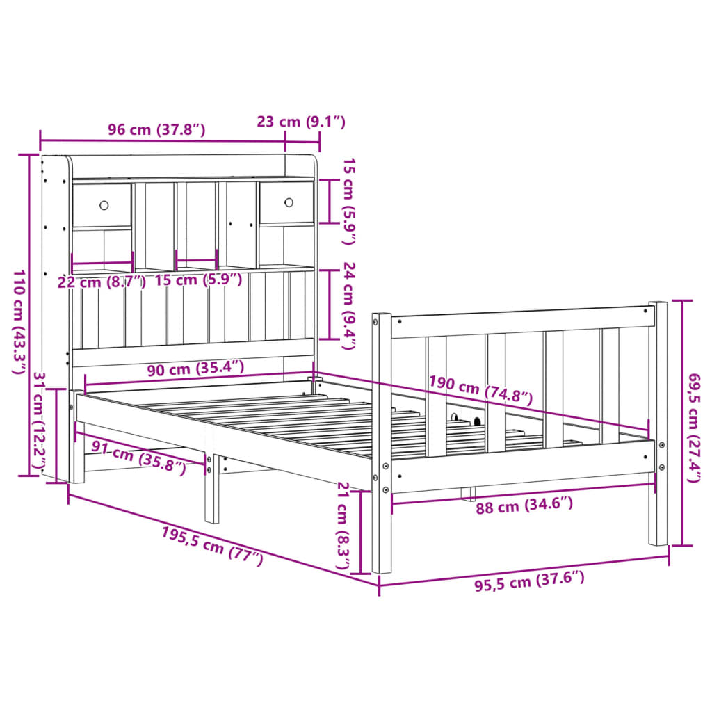 Letto Libreria senza Materasso Marrone Cera 90x190 cm in Pino