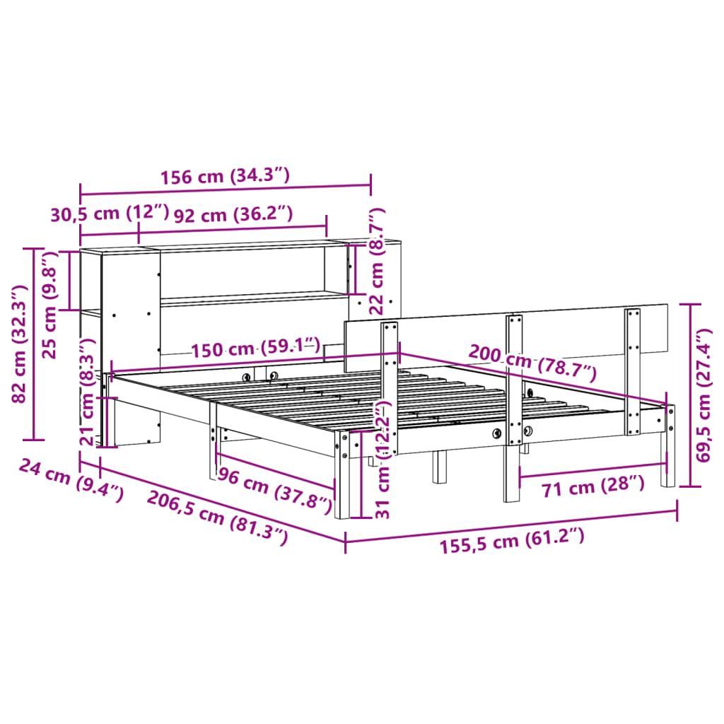 Letto Libreria senza Materasso Bianco 150x200 cm Legno di Pino