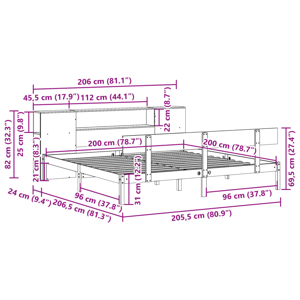 Letto Libreria senza Materasso Bianco 200x200 cm Legno di Pino