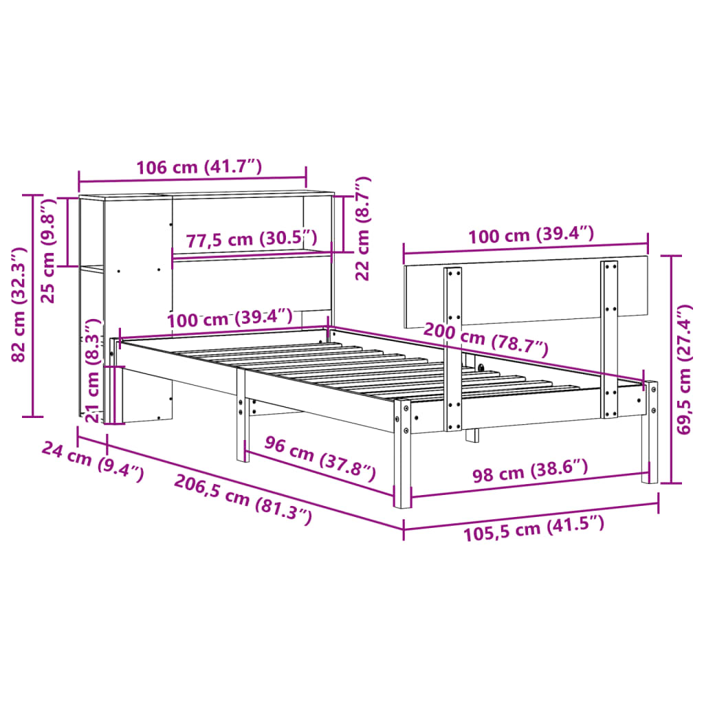 Letto Libreria senza Materasso 100x200 cm in Legno di Pino