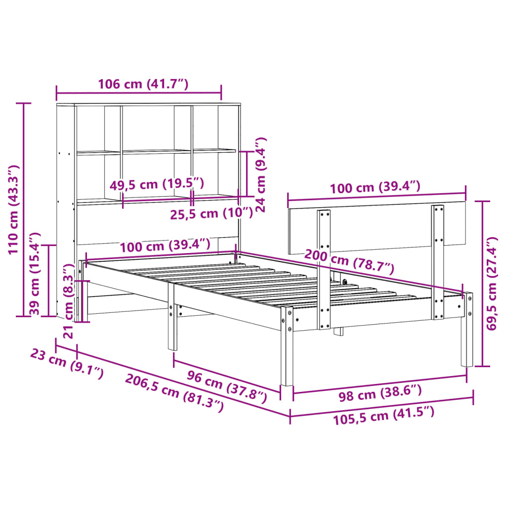 Letto Libreria senza Materasso 100x200 cm in Legno di Pino