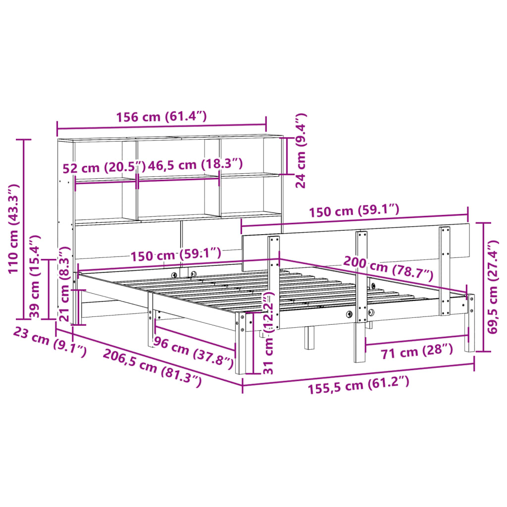 Letto Libreria senza Materasso Bianco 150x200 cm Legno di Pino