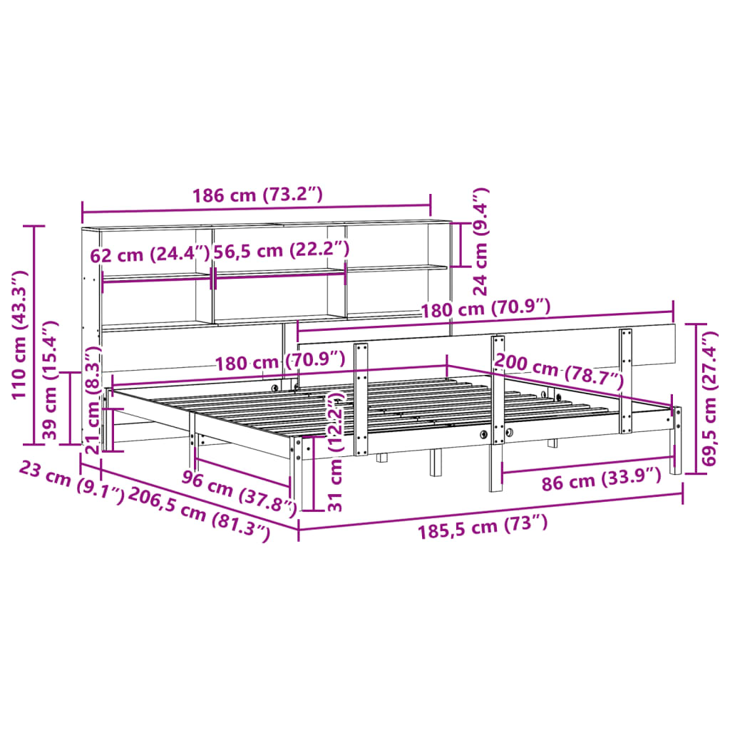 Giroletto con Libreria senza Materasso 180x200 cm in Legno Pino