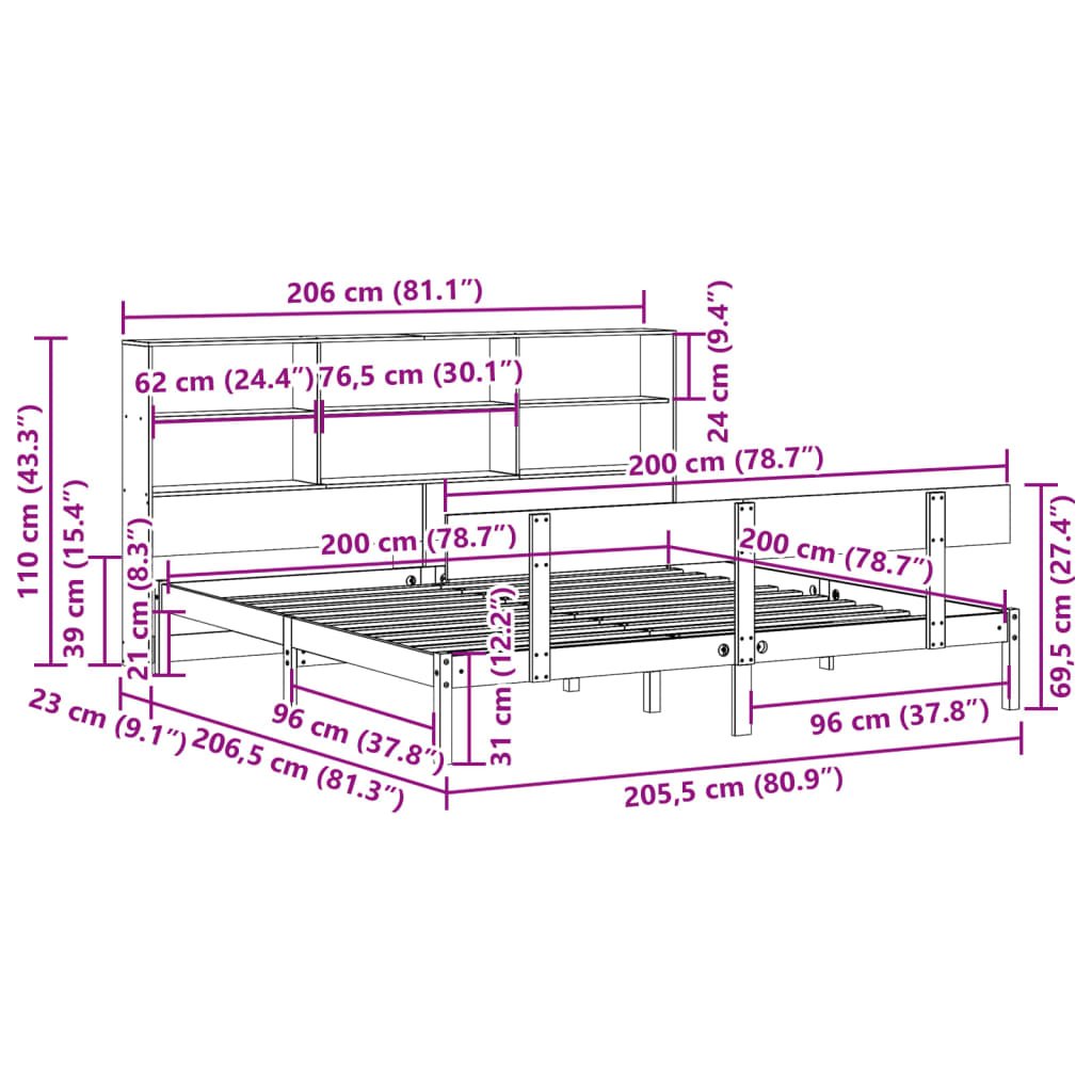 Letto Libreria senza Materasso Bianco 200x200 cm Legno di Pino