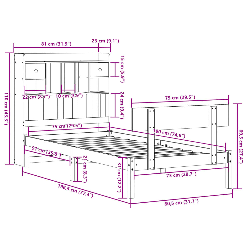 Giroletto con Libreria senza Materasso 75x190 cm in Legno Pino