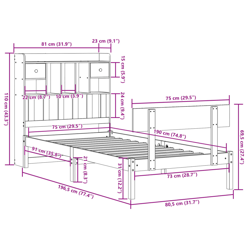 Letto con Libreria senza Materasso 75x190 cm in Legno Pino