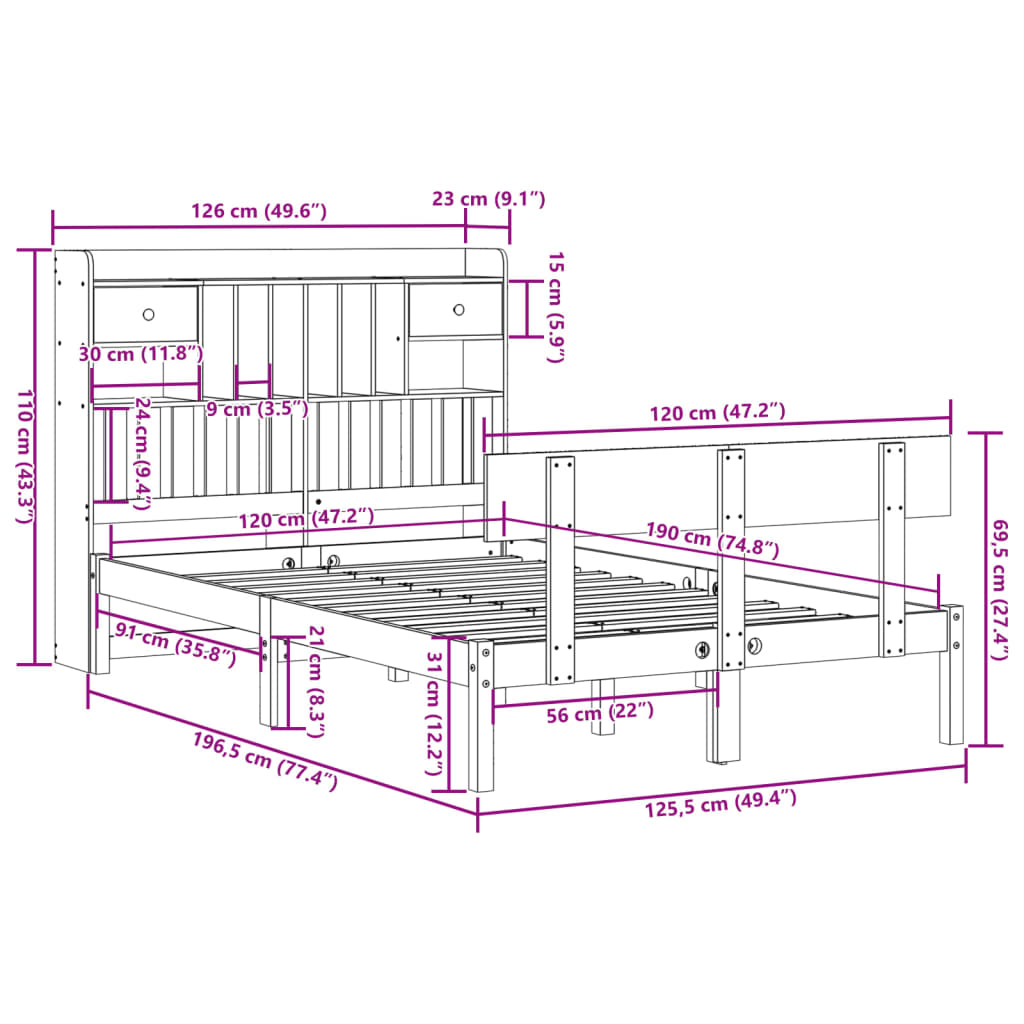 Letto Libreria senza Materasso 120x190cm Legno Massello di Pino