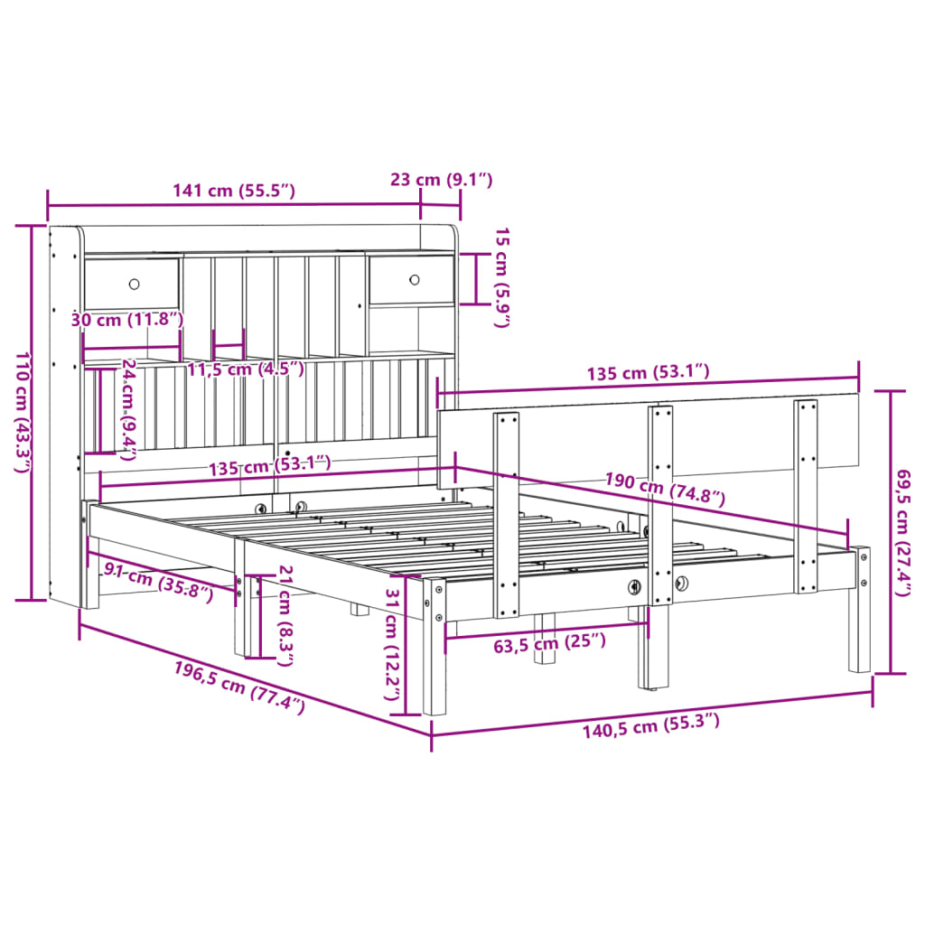 Letto Libreria senza Materasso Bianco 135x190 cm Legno di Pino