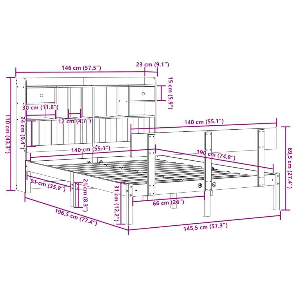 Letto Libreria senza Materasso 140x190 cm in Legno di Pino