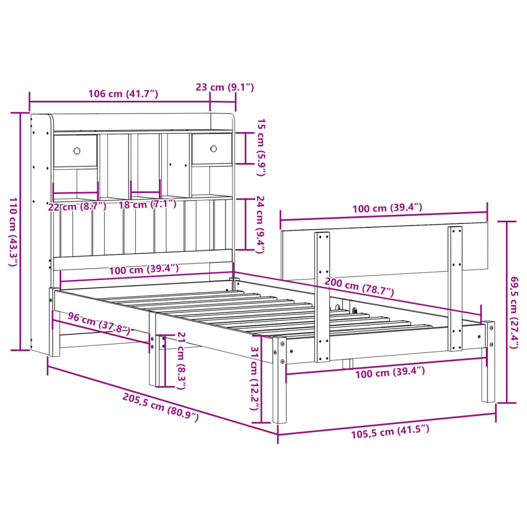 Letto Libreria senza Materasso 100x200 cm in Legno di Pino