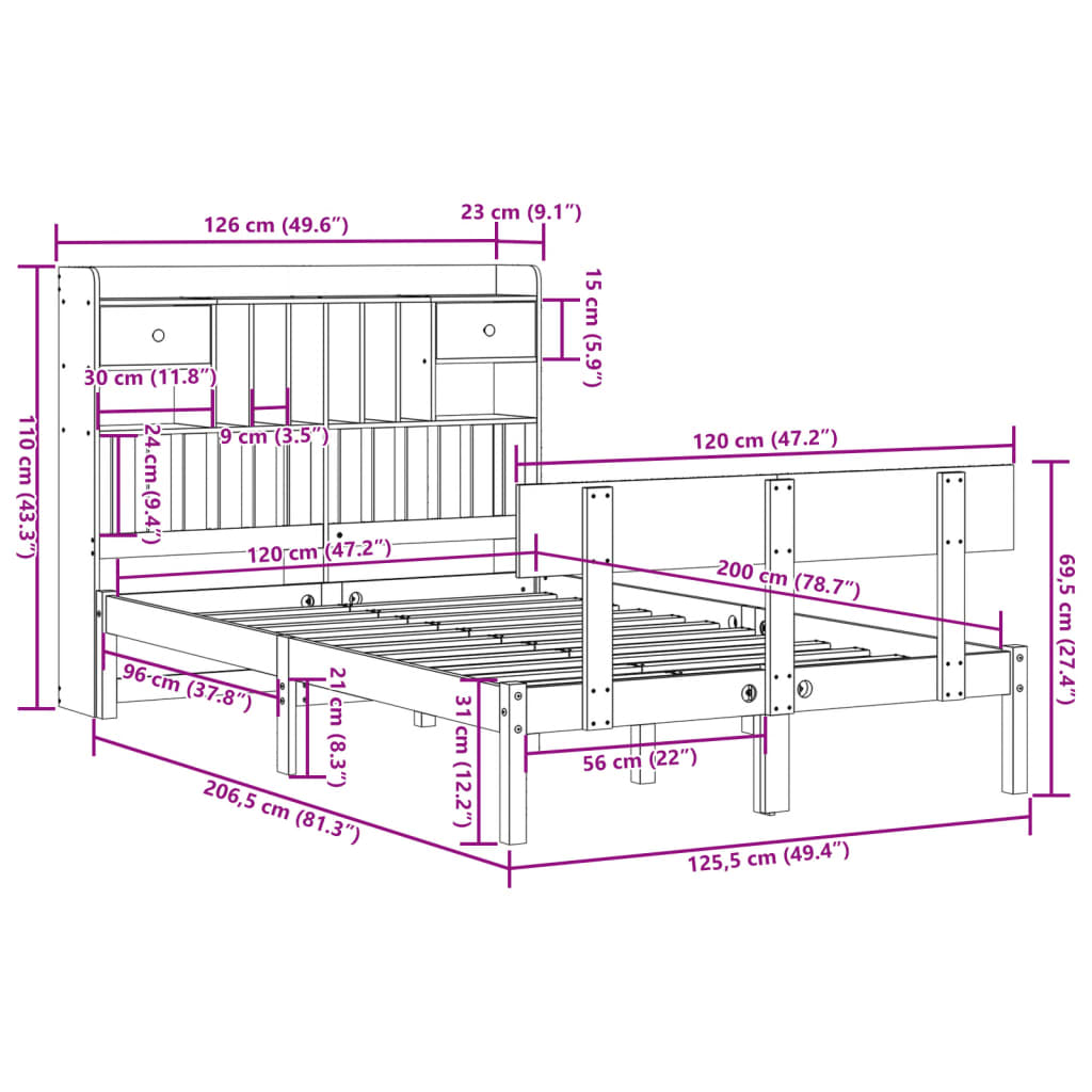 Letto Libreria senza Materasso 120x200cm Legno Massello di Pino