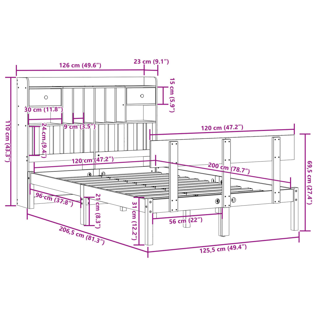 Letto Libreria senza Materasso Bianco 120x200 cm Legno di Pino