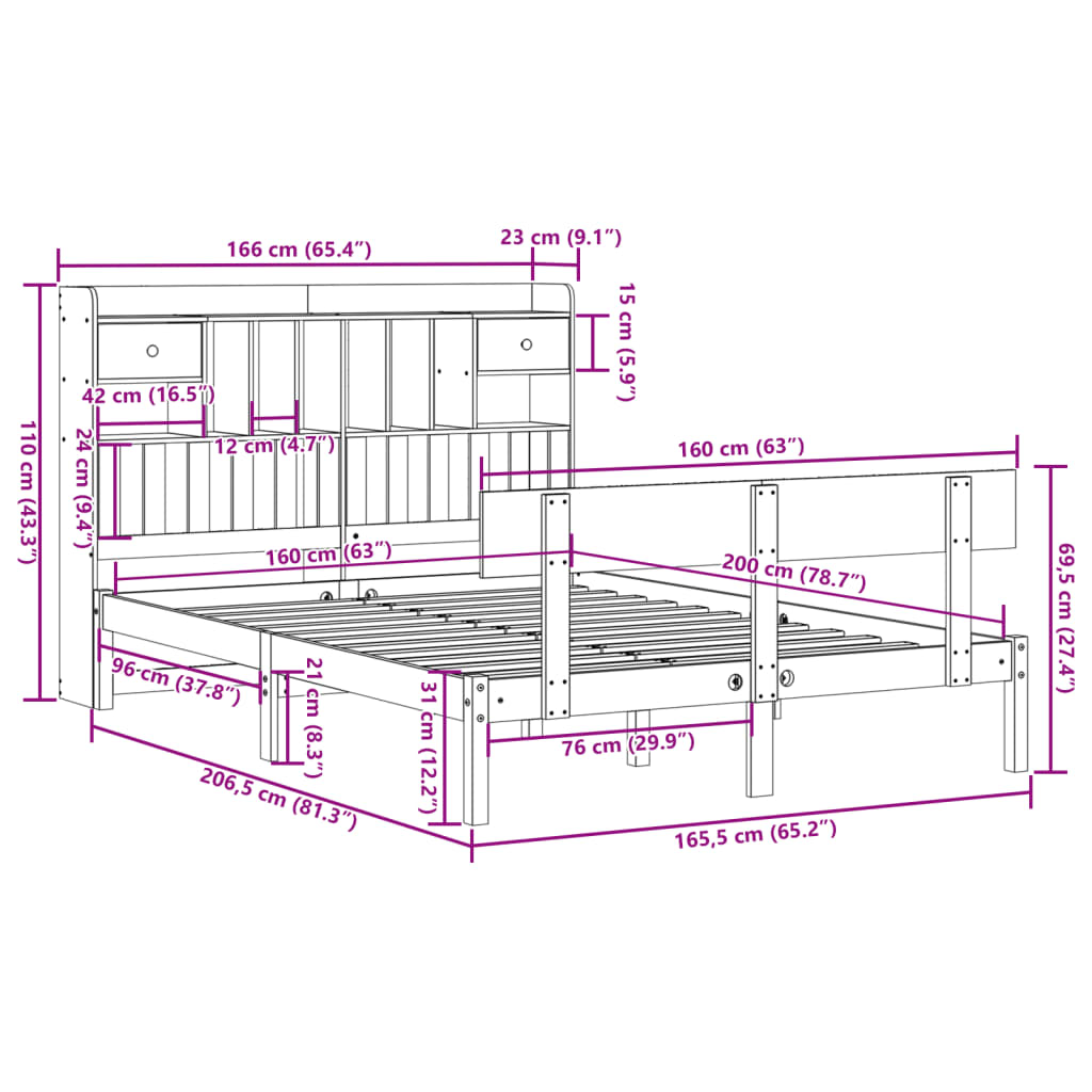 Letto Libreria senza Materasso Bianco 160x200 cm Legno di Pino