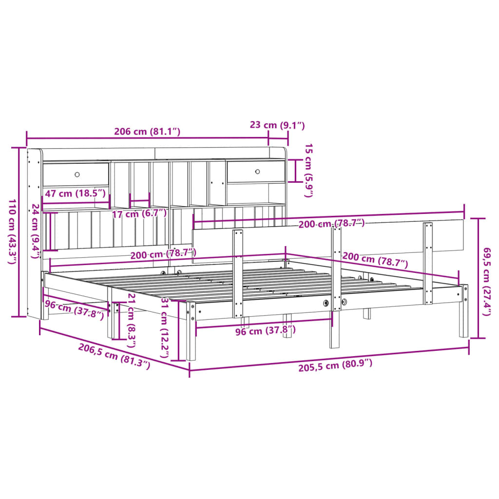 Letto Libreria senza Materasso Bianco 200x200 cm Legno di Pino