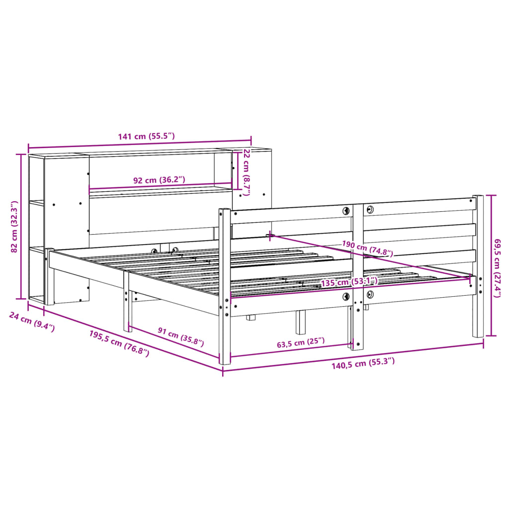 Letto Libreria senza Materasso 135x190 cm in Legno di Pino