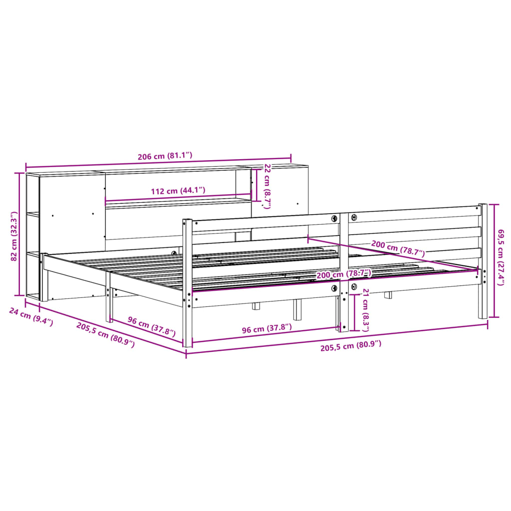 Letto Libreria senza Materasso Bianco 200x200 cm Legno di Pino