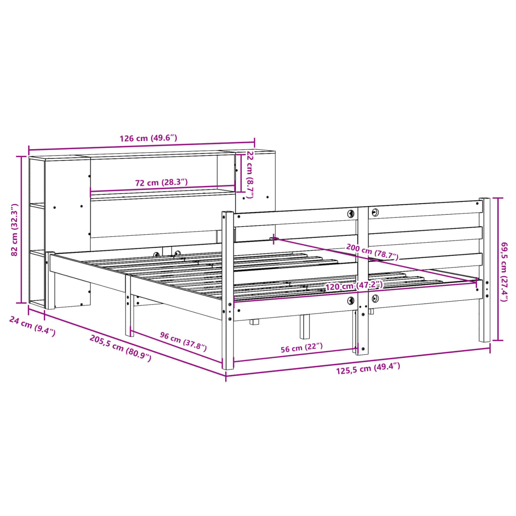 Letto Libreria senza Materasso Marrone Cera 120x200 cm in Pino