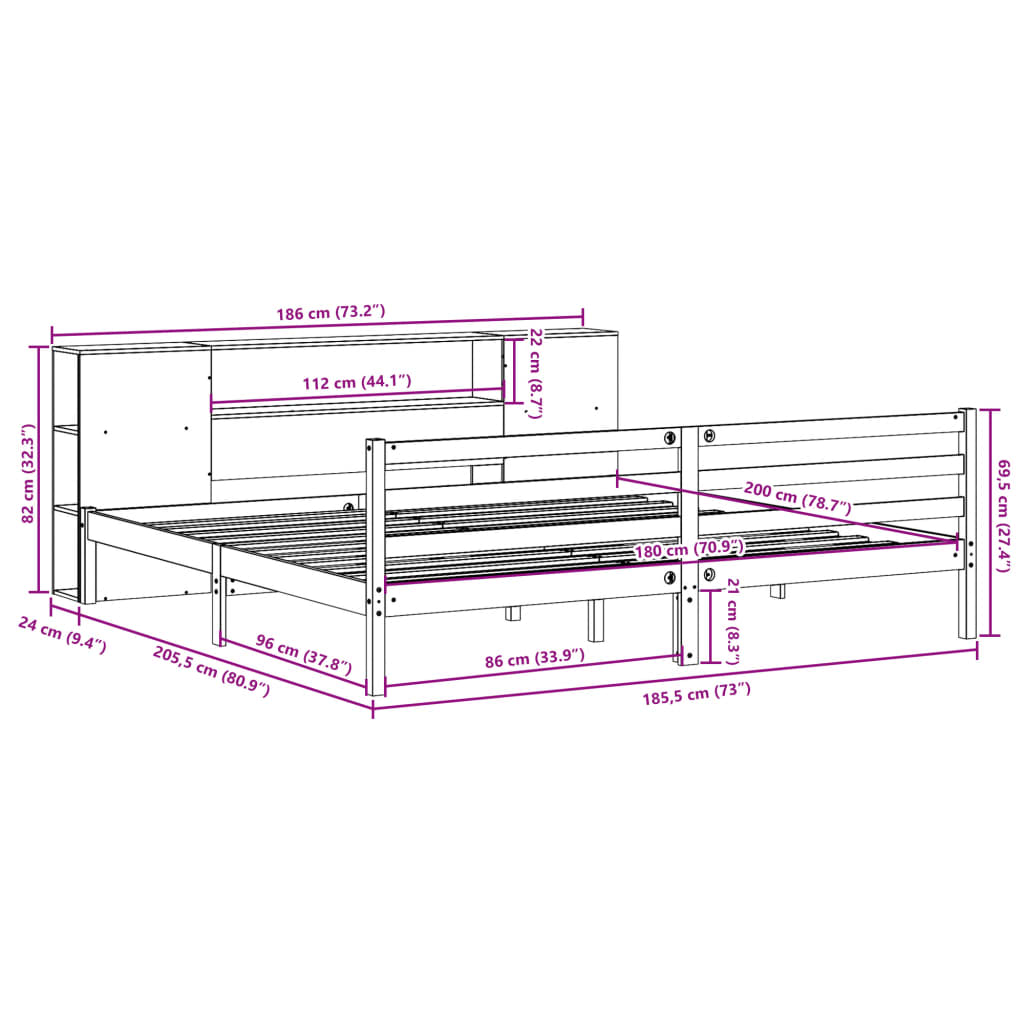 Letto Libreria senza Materasso Marrone Cera 180x200 cm in Pino