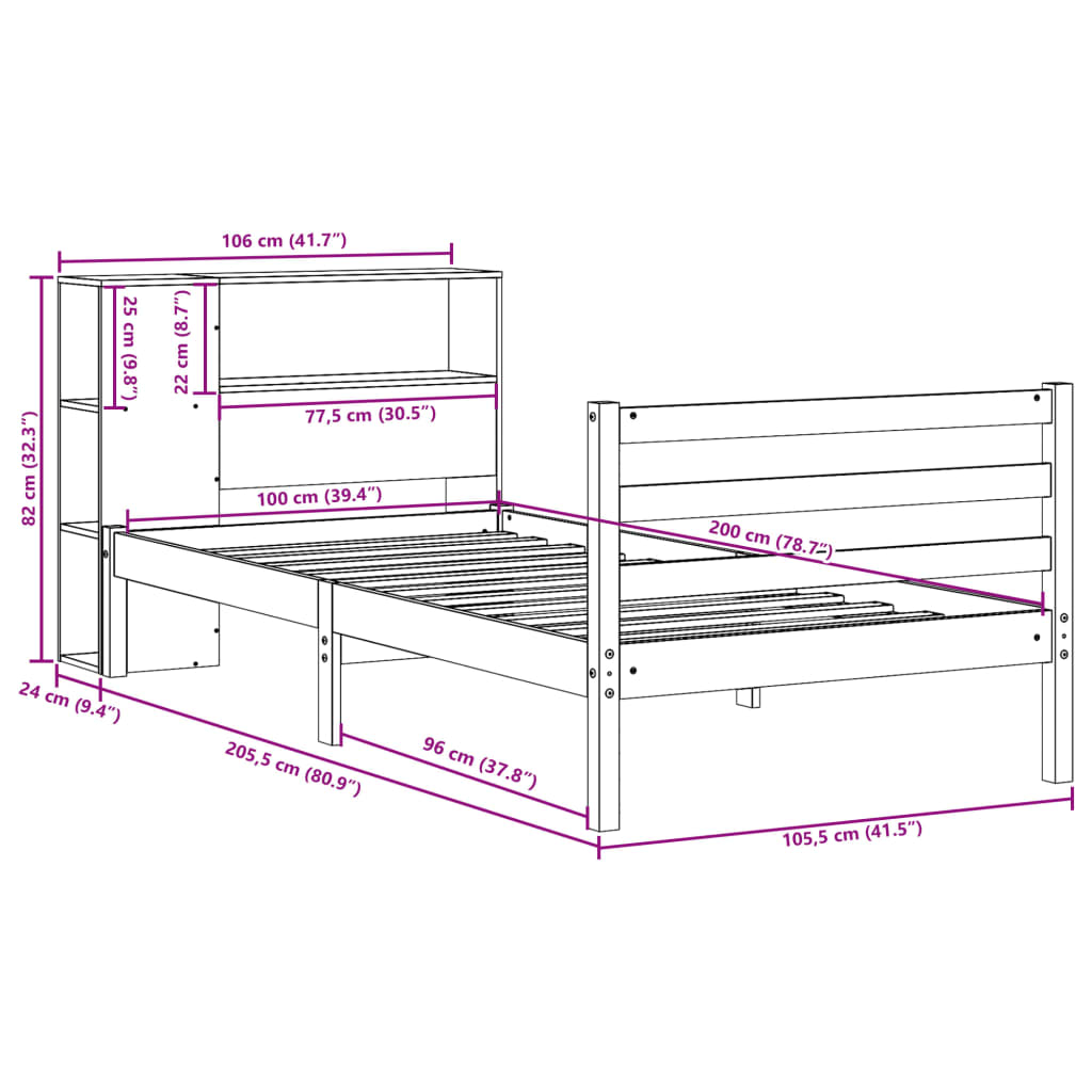 Letto Libreria senza Materasso 100x200 cm in Legno di Pino