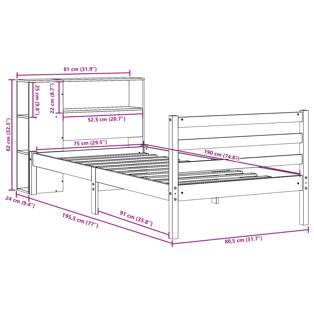 Letto Libreria senza Materasso Marrone Cera 75x190 cm Legno