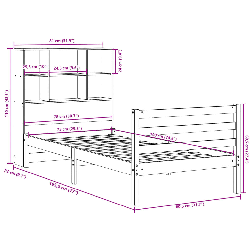 Giroletto con Libreria senza Materasso 75x190 cm in Legno Pino