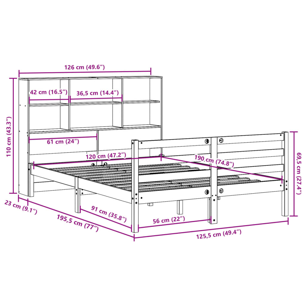 Letto Libreria senza Materasso 120x190cm Legno Massello di Pino