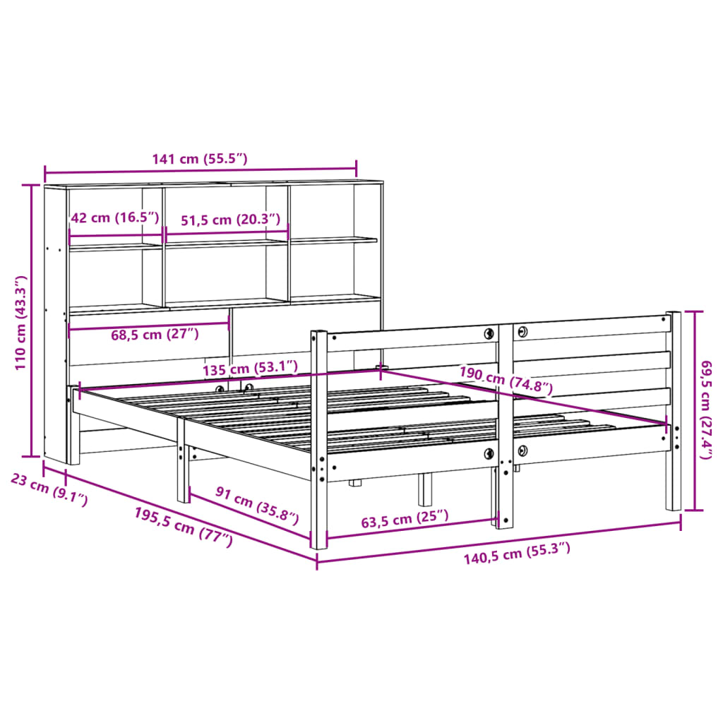 Letto Libreria senza Materasso 135x190 cm in Legno di Pino