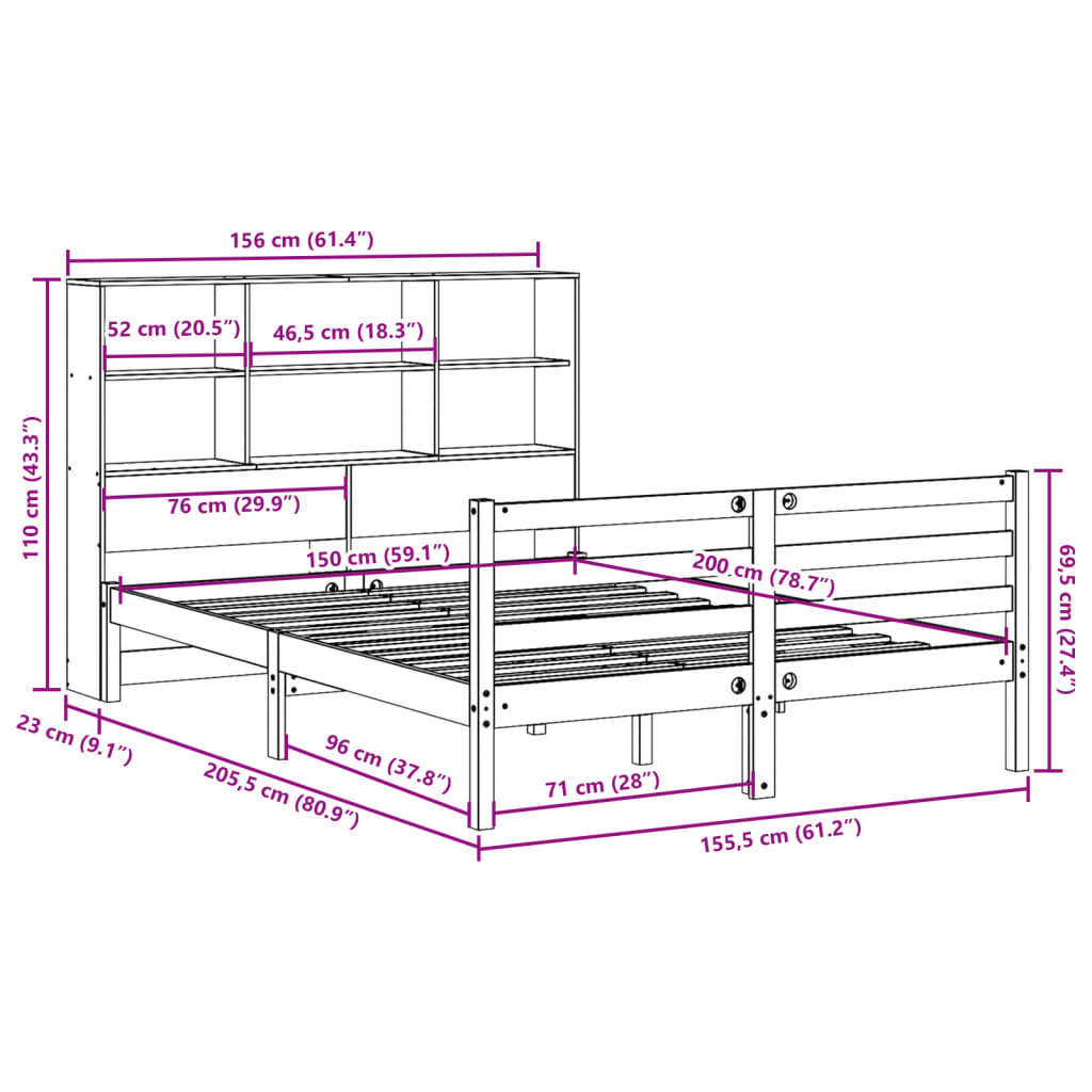 Letto Libreria senza Materasso 150x200 cm in Legno di Pino