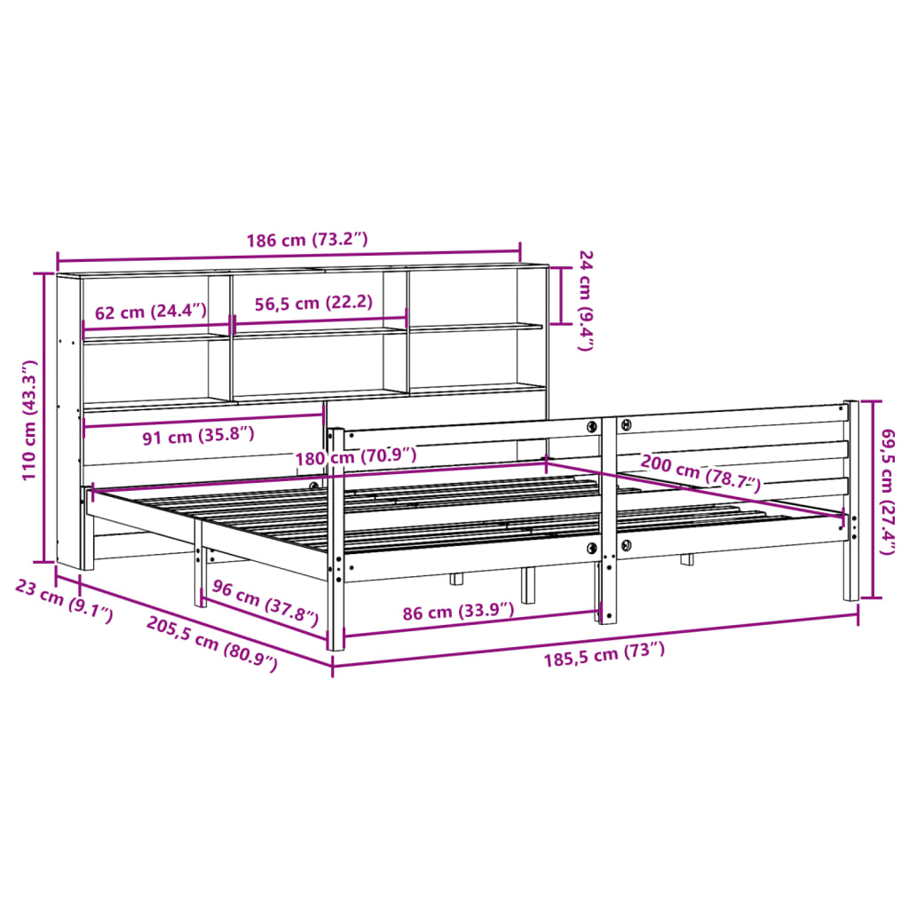 Giroletto con Libreria senza Materasso 180x200 cm in Legno Pino