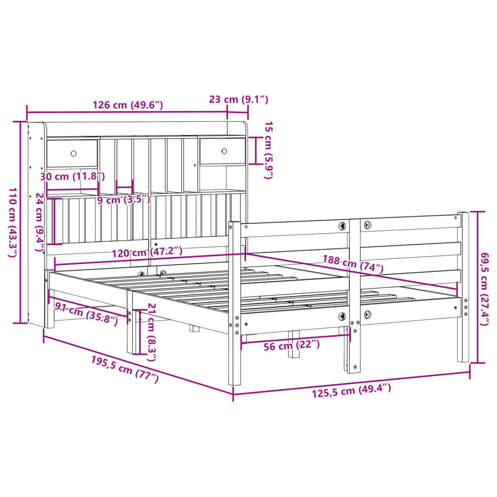 Letto Libreria senza Materasso 120x190cm Legno Massello di Pino