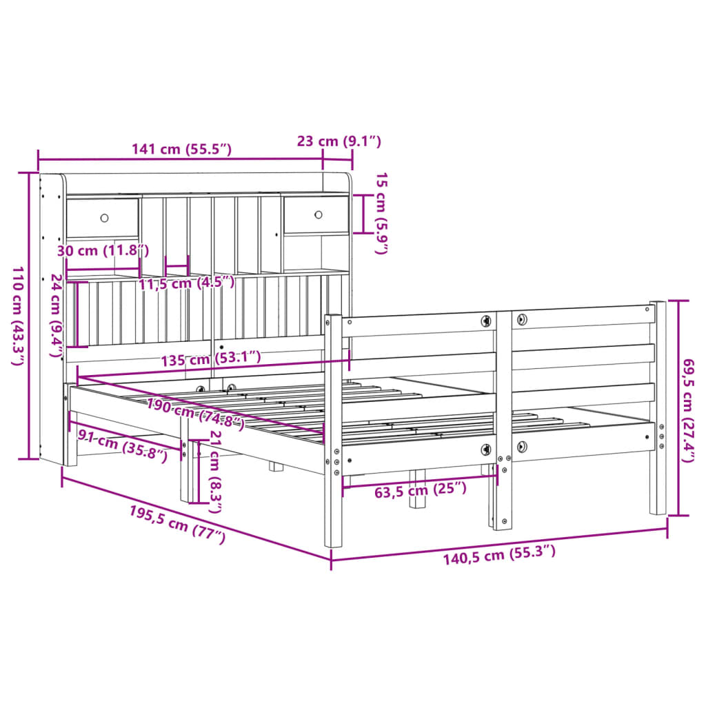 Letto Libreria senza Materasso 135x190 cm in Legno di Pino