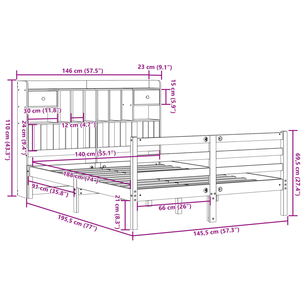 Letto Libreria senza Materasso 140x190 cm in Legno di Pino