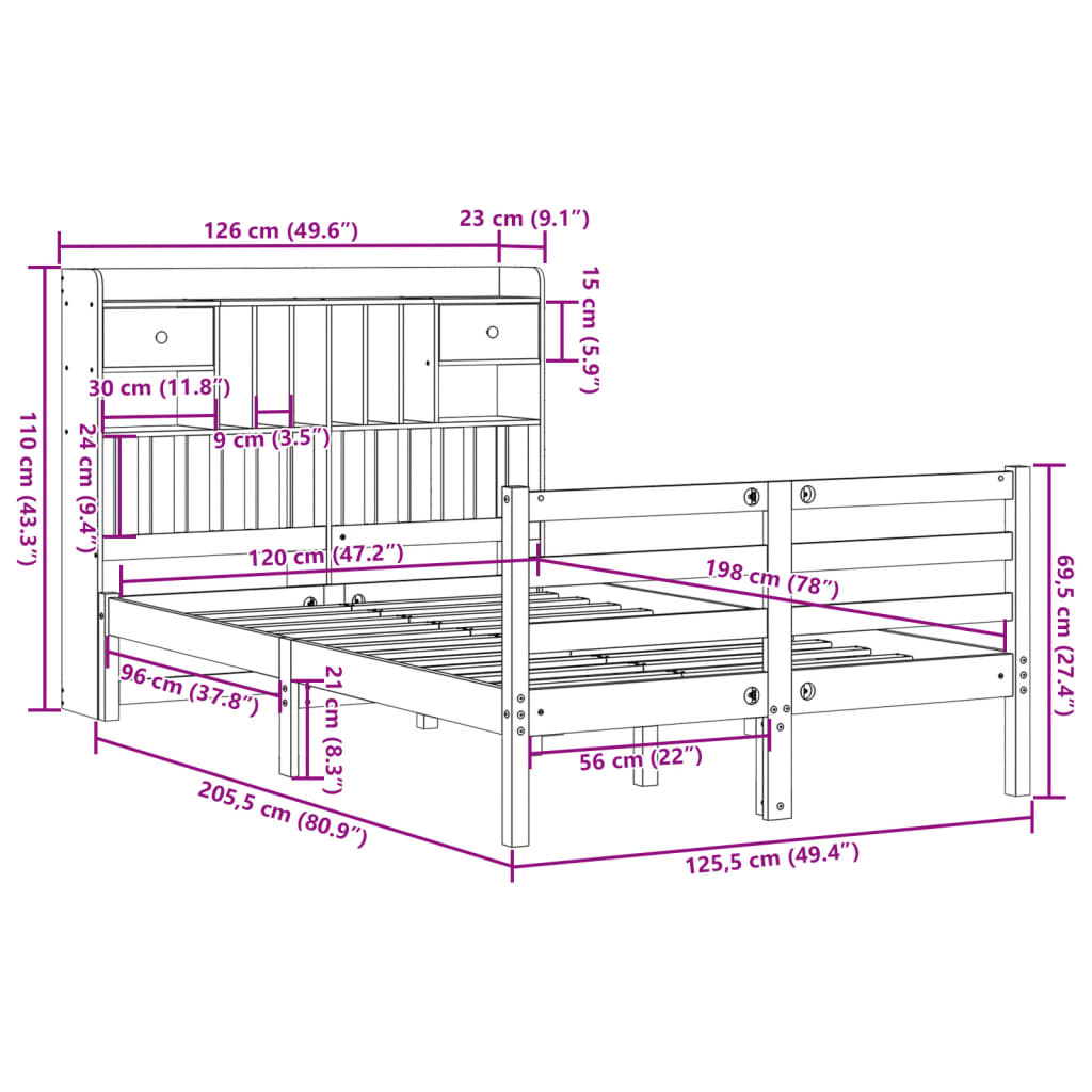 Letto Libreria senza Materasso Bianco 120x200 cm Legno di Pino